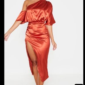 PrettyLittleThing rust satin one shoulder midi dress new with tags size 16